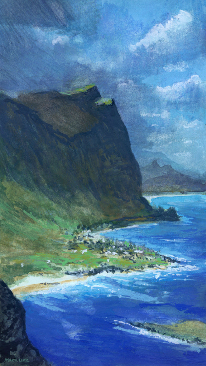 gouache landscape painting of a view overlooking Makapu'u, Hawaii