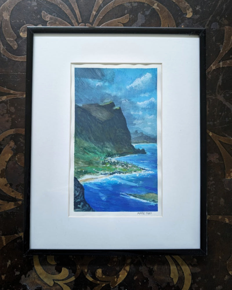 framed gouache landscape painting of a view overlooking Makapu'u, Hawaii